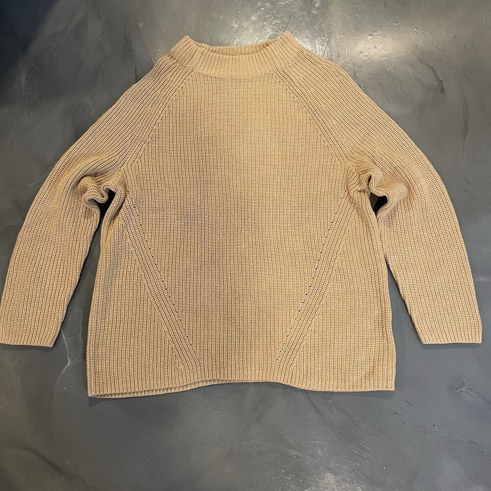 Lands End Sweater Tan 1X Purple‎ Chunky Mock Neck Beige 100% Cotton Ribbed Knit